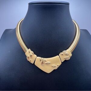 Vintage Cream Enamel Floral Gold Tone Omega Choker Necklace